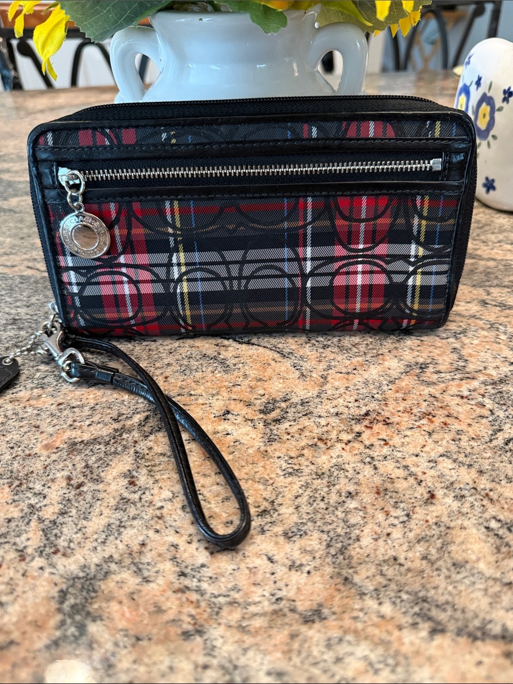 Coach Black and Red Plaid Signature Wristlet
